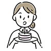 ろうそくが灯った誕生日ケーキを運ぶ女性のイラスト。