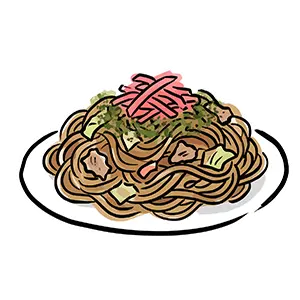 お皿に盛られた紅生姜と青のりトッピングのソース焼きそば無料イラスト