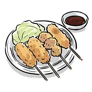 皿に盛られた串カツとキャベツ、ソース小鉢が並ぶ無料イラスト
