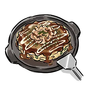 鉄板にのった具だくさんのお好み焼きとヘラのフリーイラスト