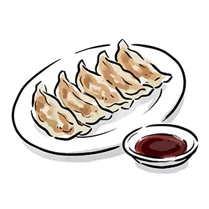 こんがり焼けた焼き餃子が一列に並びタレ皿が添えられたフリーイラスト