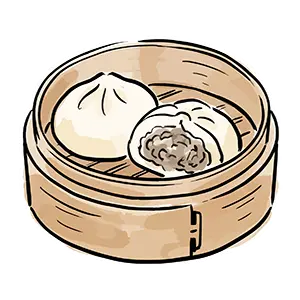木製せいろに入った丸ごとと断面のジューシーな肉まんの無料イラスト