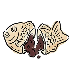 生地を割って中の粒あんがたっぷり見える手描き風たい焼き無料素材