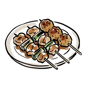 皿に盛り付けられたねぎまとつくねの香ばしいタレ焼き鳥フリー素材