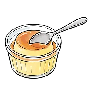 スプーンですくった美味しそうなカスタードプリンの食べかけ手書き風イラスト素材