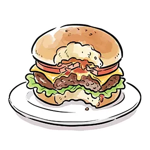 大きくひとくちかじった具だくさんなチーズバーガーの手描き風無料素材