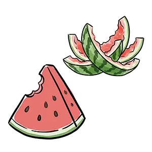 ひとくちかじったスイカの果肉と重なったスイカの皮の夏向けフリーイラスト
