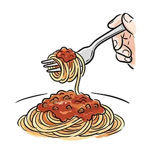 手で持ったフォークで巻き上げられたミートソーススパゲッティの無料イラスト
