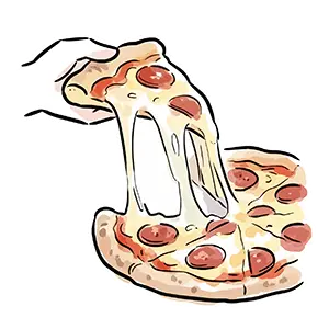 持ち上げると濃厚なチーズがとろりと伸びるペパロニピザのフリーイラスト