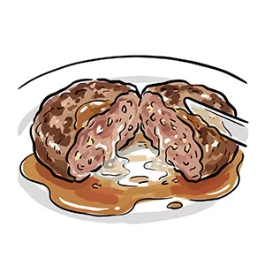 ナイフで真ん中を割り、肉汁があふれ出たハンバーグステーキのフリーイラスト