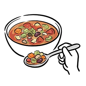 色鮮やかな野菜とお豆をスプーンですくい上げたミネストローネの無料素材