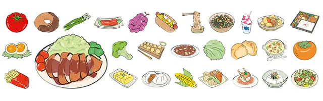 ボリューム満点のトンカツ定食をメインに、幕の内弁当、ハンバーガー、たこ焼き、カレー、野菜、果物など、洋食や軽食、家庭料理を幅広く集めた手書き風無料イラスト素材セット。ランチメニューの紹介やテイクアウトの販促に便利です。
