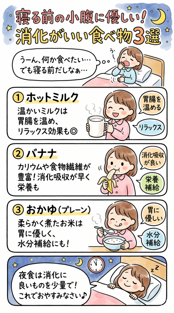 【イラスト解説】寝る前の小腹に優しい！消化がいい食べ物・夜食3選