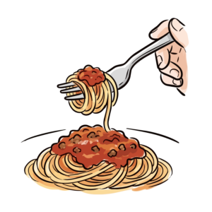 フォークに巻きつけられたミートソーススパゲッティのイラスト
