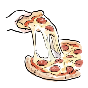 手で持ち上げるとチーズがとろけて伸びるペパロニピザのイラスト