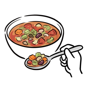 野菜や豆がたっぷり入ったスープをスプーンですくっているイラスト
