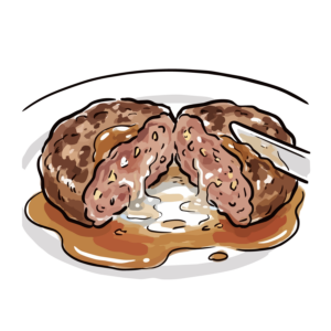 ナイフで切ると中からとろけるチーズが溢れ出すハンバーグのイラスト