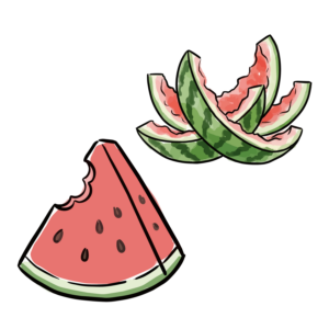 食べかけのカットスイカと、食べ終わった後のスイカの皮のイラスト