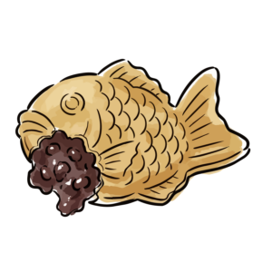 一口かじられて中からたっぷりの粒あんが見えるたい焼きのイラスト